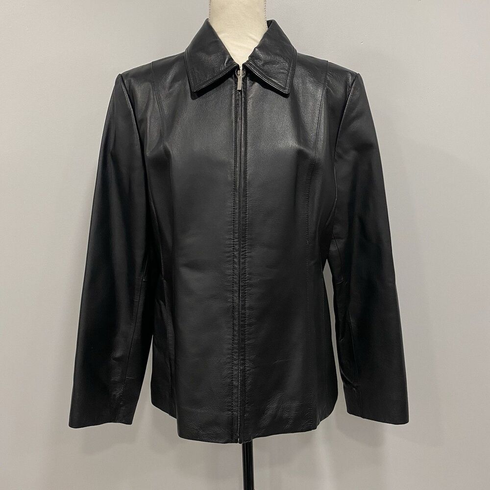 Colebrook Classics Womens L Black Leather Jacket Full Zip Collar Moto Biker 90s